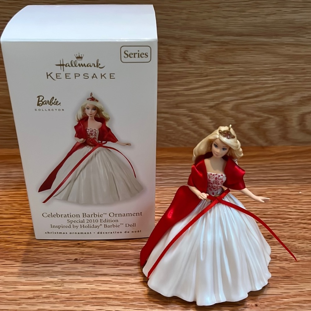 2010 Barbie Celebration Holiday Ornament - red stole and white dress